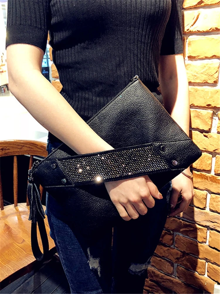 

2019 Women Evening Clutches Diamond Chain Tassel Bag Black Pu Leather Shoulder Crossbody Bag Fringe Envelope Day Clutches Purses