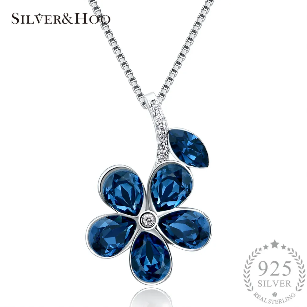 

SILVERHOO 100% 925 Sterling Silver Blue Flower Crystal Pendant Necklace for Women Girls Fine Jewelry Party Accessories