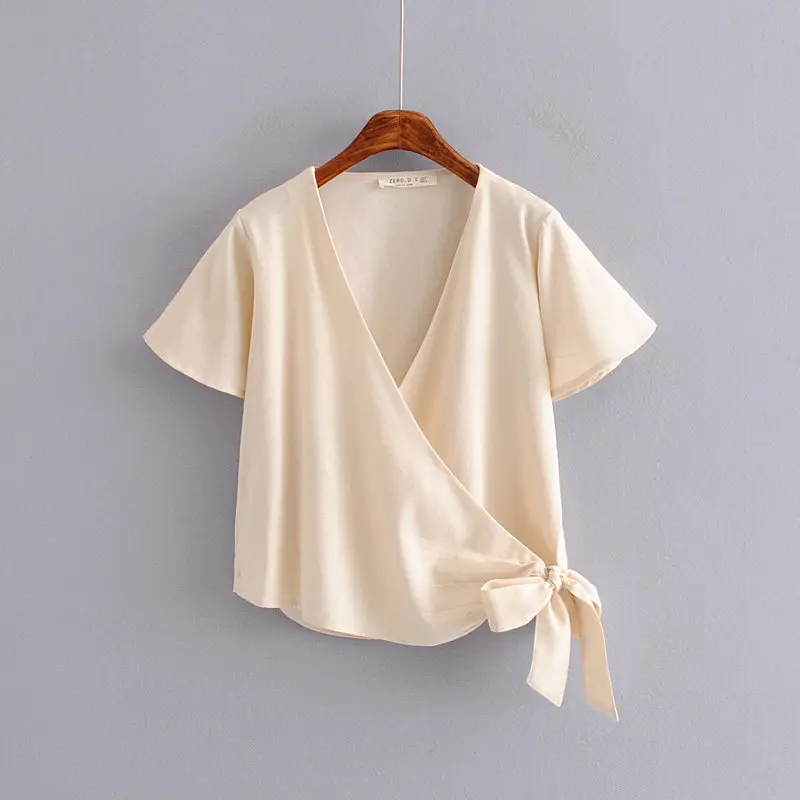 

new women fashion cross v neck short sleeve hem bow tied casual kimono blouses shirts women chic linen chemise tops LS3534