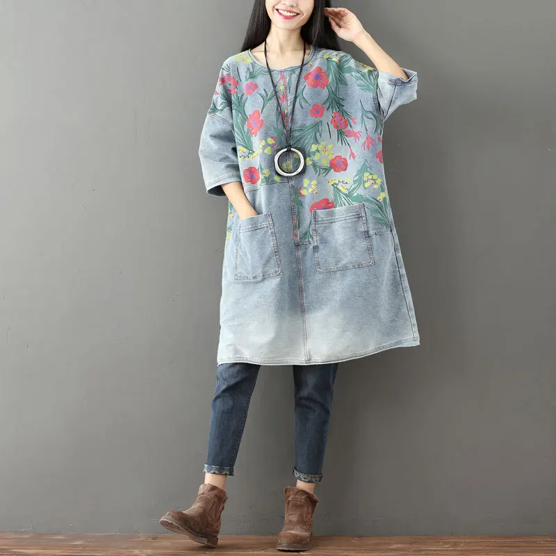 

Half Sleeve Floral Print Vintage Washed Denim Loose Oversized Straight Dress Summer Korean Japan Mori Shirt Vestidos BF Blusa