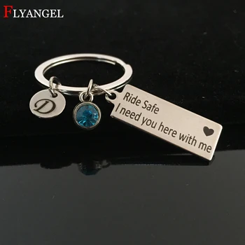 

Fashion Couples Jewelry Custom A-Z Initial Letter 12 Birthstone Crystal Ride Safe Keychain For Women Men Valentine Gift Keyring
