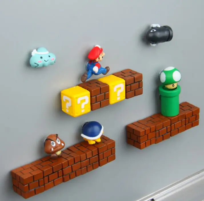 1 Set Mini Super Mario Fridge Magnets Toys Mario Bros Figurine Figura Magnetive Stickers Toys Mario Question Brick Metal Magnets