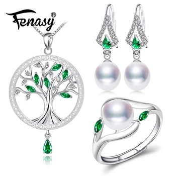 

FENASY 925 Sterling Silver pearl jewelry sets for women Emerald drop earrings natural engagement ring set round pendant