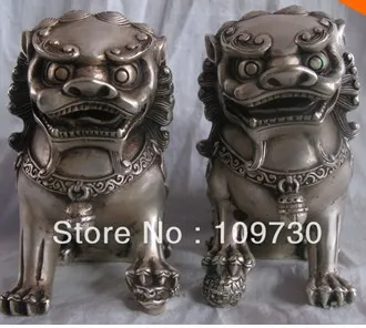 

bir 00501 a pair Fu Foo Dog Guardian lion Statue good luck Tibet silver statue
