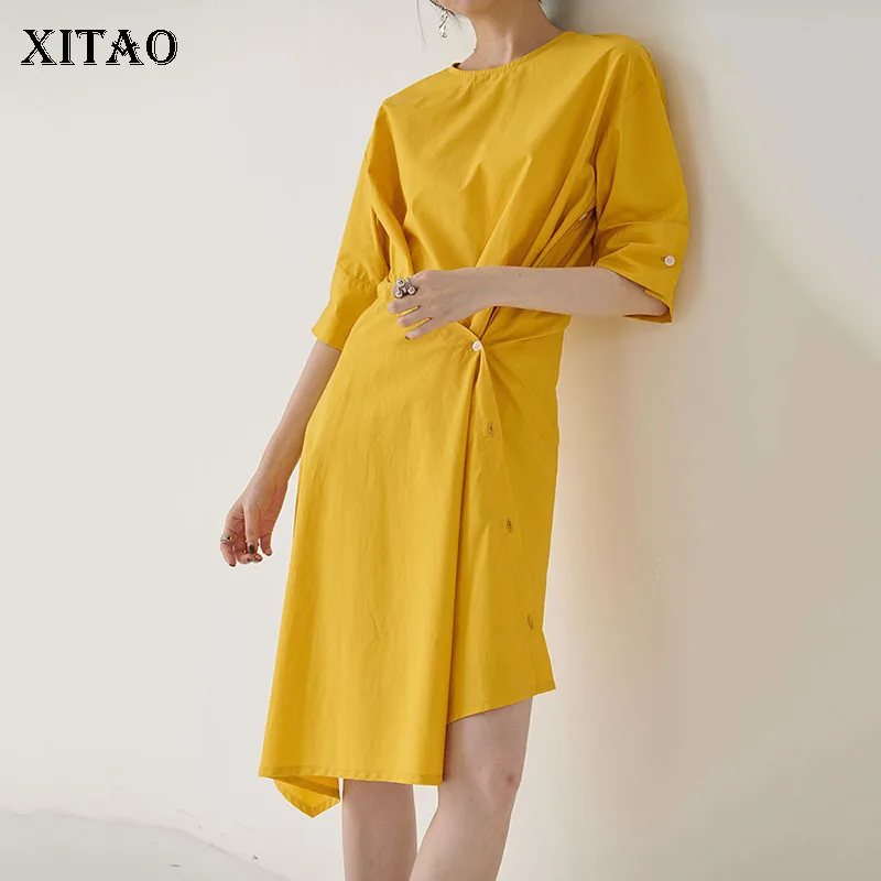 

XITAO Irregular Pleated Dress Women Notched Collar Bandage Waist A Line Wild Joker Elegant Pullover Korea Fashion WLD1686