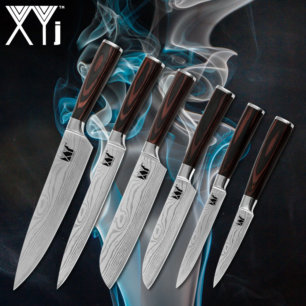 XYj 7Cr17 Stainless Steel Kitchen Knives Damascus Pattern Stainless