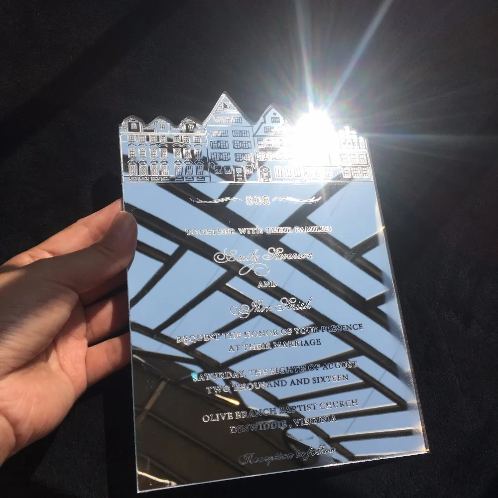  Customized A5 size 148X210mm Laser Engraved Letters Silver Mirror acrylic wedding invitation card 1 - 32839434095