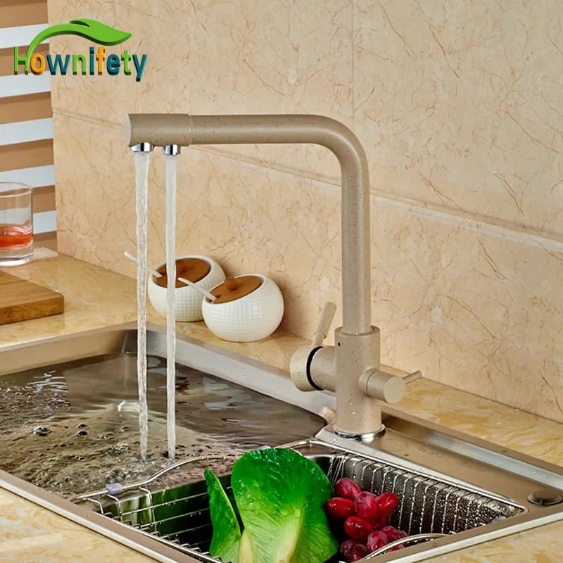 

Euro Style Kitchen Sink Faucet Cream-Colored Double Handles Mixer Tap Swivel Spout Deck Mounted
