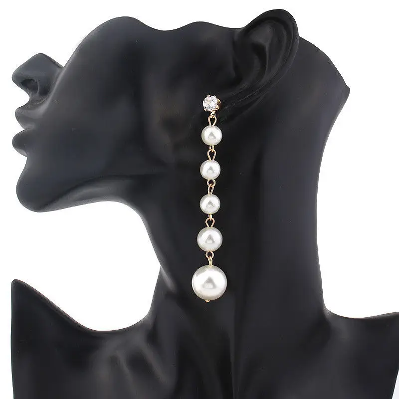 1 Pair Women Elegant Big Faux Pearl Long Dangle Earrings Stud Drop