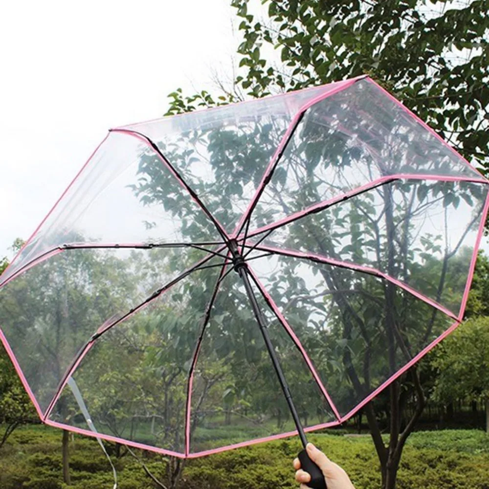 Compact Fully Automatic Umbrella Three Folding Clear Windproof Umbrellas Women Men 8 Rib Rainproof Transparent Umbrella Gift