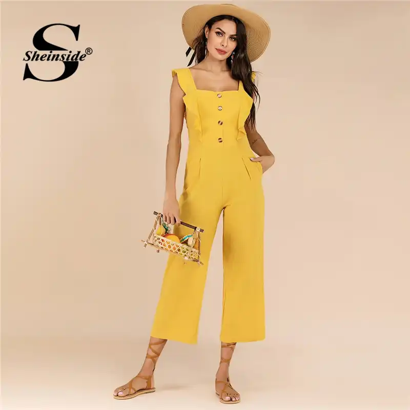 ruffle trim wide leg jumpsuit