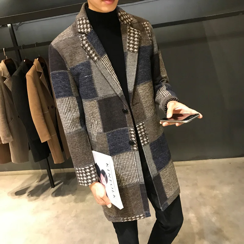 Slim men's large woolen coat plaid windbreaker coat Big Code new man's medium length coat with a heavy coat fashion hot 2018 Slim men's large woolen coat plaid windbreaker coat Big Code new man's medium length coat with a heavy coat fashion hot 2018