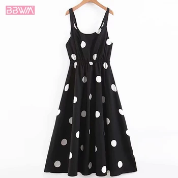 

Polka-dot sling dress female cute v-neck drawstring sexy careful machine backless chiffon dress White black sleeveless Women's