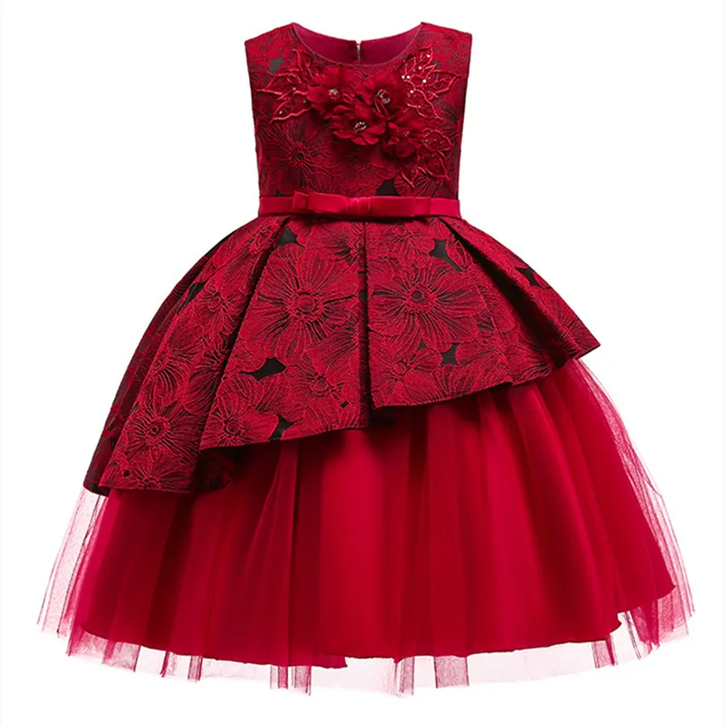 

Princess Back Red Flower Children's Wedding Puff Dress Piano Performance Wedding Lace Bow Applique Party Dress Costume WG1659