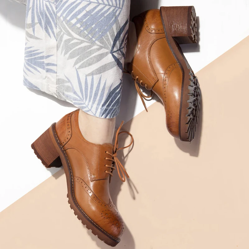 

Yinzo Women oxford pumps shoes vintage genuine leather lady Pumps oxford heels shoes for women black brown shoes 2019 spring