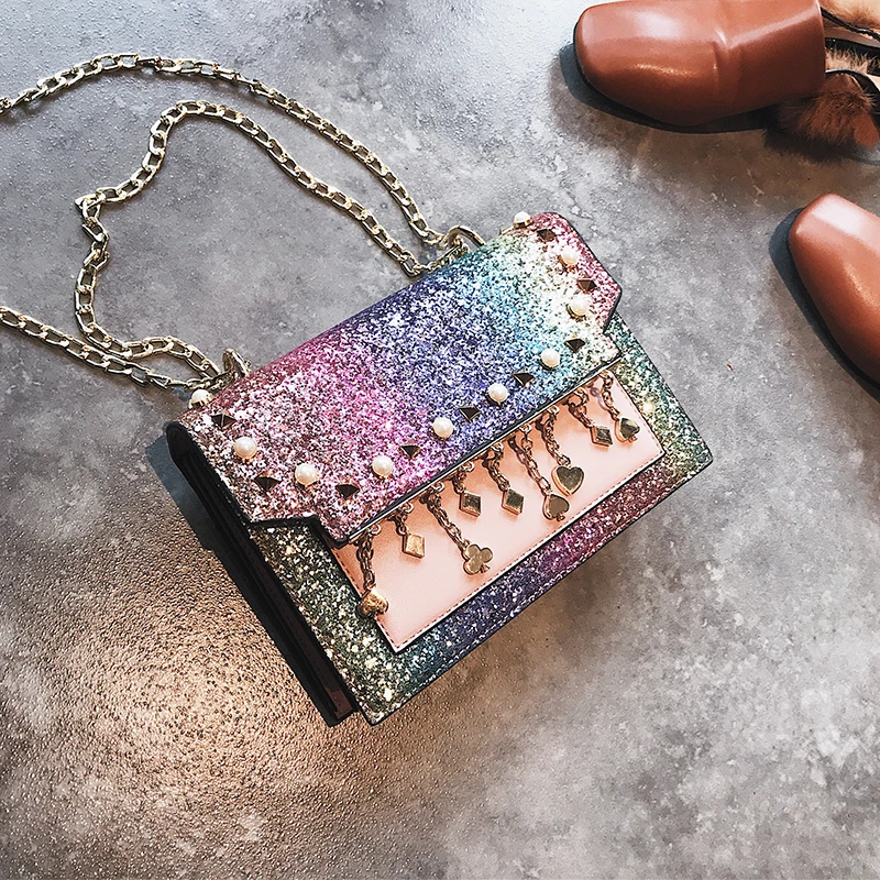 2018 PU Leather Women's Designer Handbag Fashion New Sequined Shoulder bags Fringed Rivets Messenger bag High-quality Chain bag