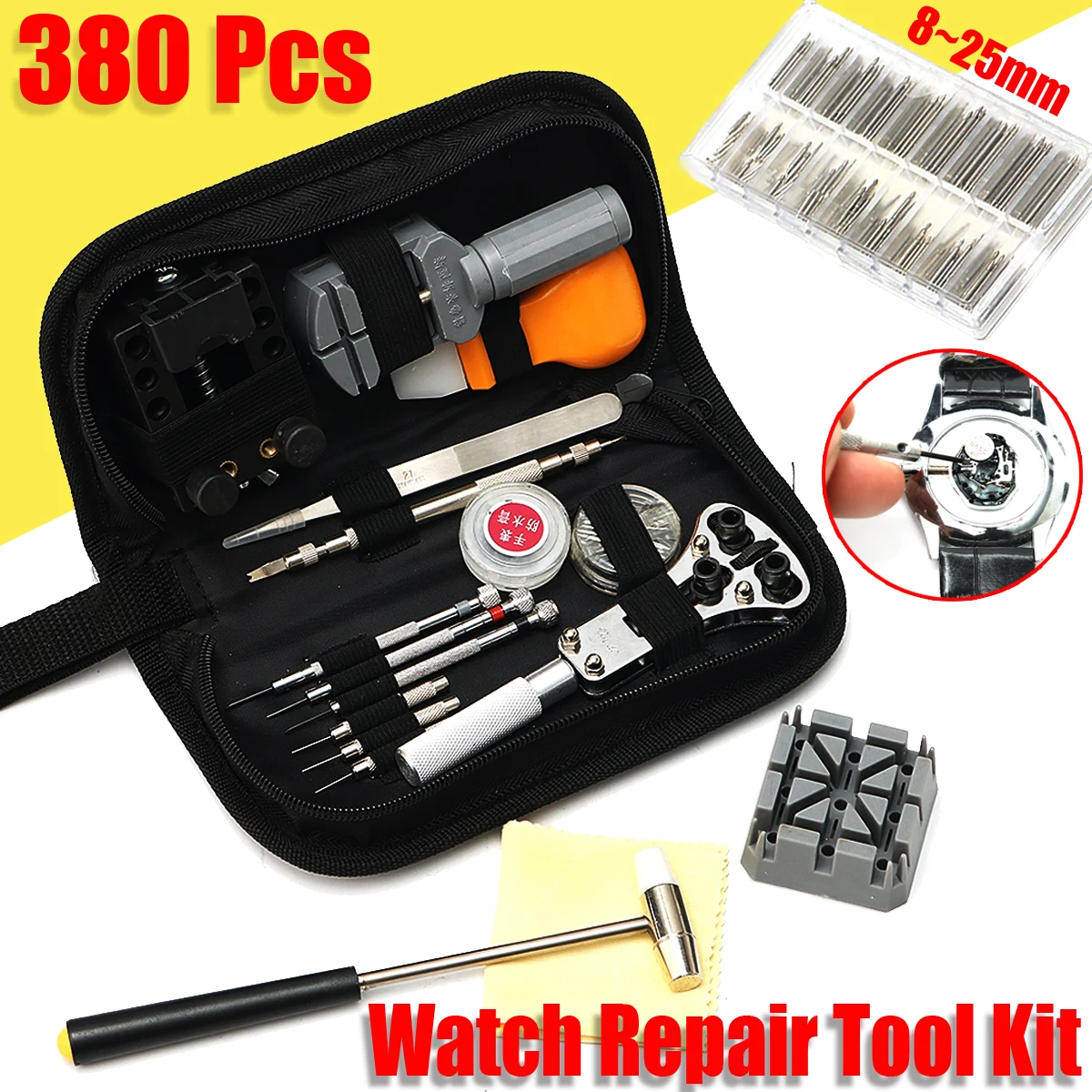 380 шт. Смотреть Repair Tool Kit 8 мм ~ 25 мм весенние бары ремень Pins Ссылка для Удаления Набора ключ Часовщик инструменты Запчасти