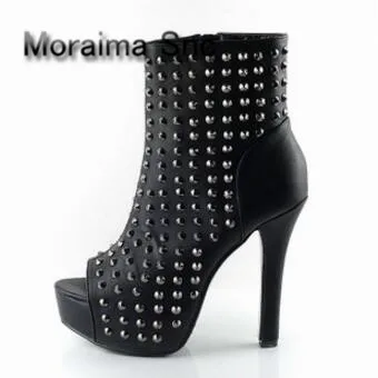 

Moraima Snc brand Sexy Peep Toe Silver Rivets Studded Thin Heels Ankle Boots Leather Punk Style High Heel Boots 2018 Newest