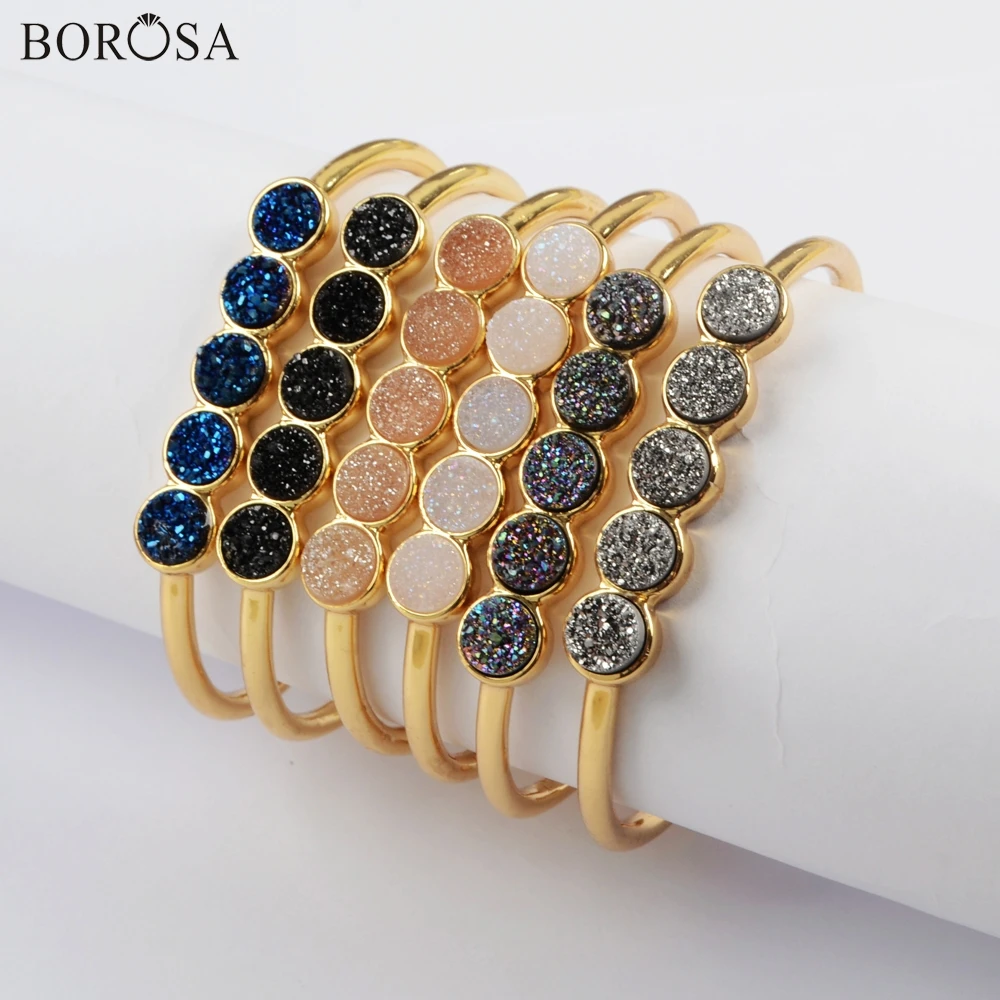 

BOROSA Druzy Bangle 3PCS Gold Bezel Five Round Natural Agates Druzy Titanium Rainbow Drusy Bangle Mix Colors Jewelry ZG0423