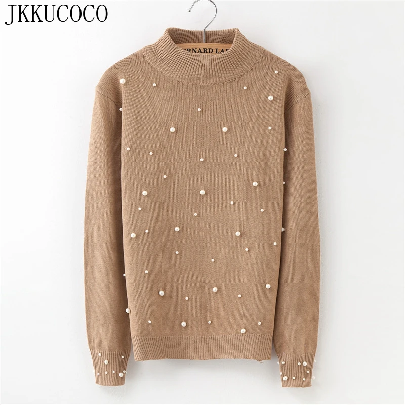 

JKKUCOCO Newest Women Sweaters Beading Cotton Sweater Women Pullovers Half Turtleneck Winter sweaters Hot Sell 3 Colors