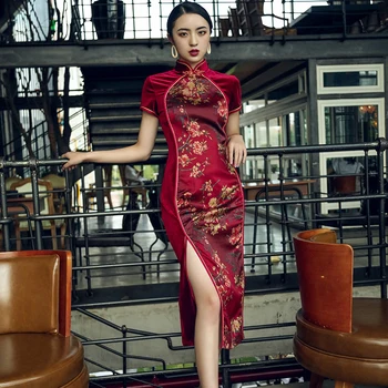 Print Flower Elegant Women Chinese Style Dress Sexy Split Stage Show Cheongsam Vestidos Vintage Mandarin Collar Long Qipao new red embroidery flower female modern cheongsam elegant mandarin collar chinese style dress cotton long sleeve qipao l xxl