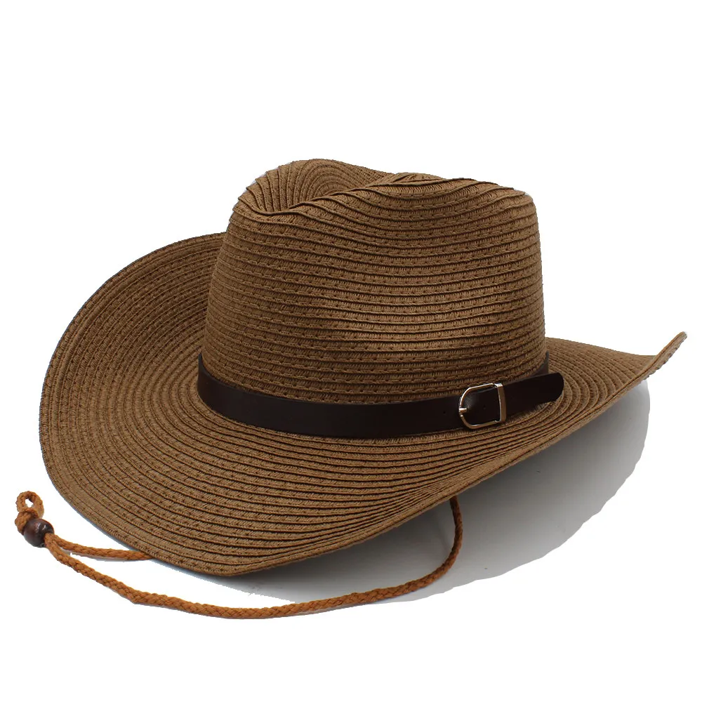 Модная мужская соломенная западная ковбойская шляпа с ветрозащитный трос для джентльмена папа пляж солнце Sombrero шляпа размер 58 см A0116-JQ