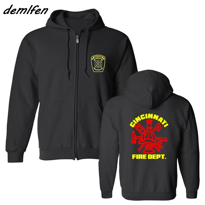 

Spring Autumn Casual Men Fleece Hoody Sweatshirt Cincinnati Fire Department Firefighter Navy Design Hoodies Hip Hop Jacket Coat