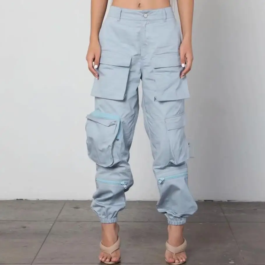 

2019 new Women pocket BF loose versatile overalls Long Loose Cargo Pants women's high waist casual beam trousers