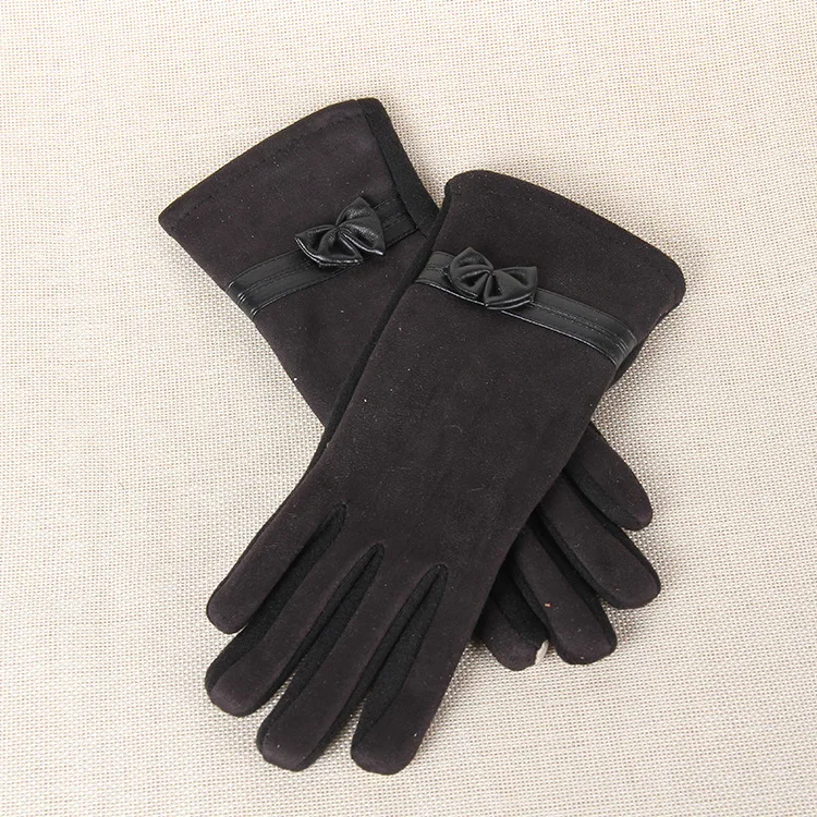 Новые модные женские зимние перчатки, перчатки с сенсорным экраном, замшевые элегантные теплые мягкие рукавицы с бантом на запястье для женщин - Цвет: black