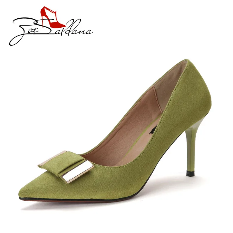 

Zoe Saldana 2017 Fashion Women Suede  Pointed Toe Metal Bow High Heel Shoes Women Pumps Design Wedding