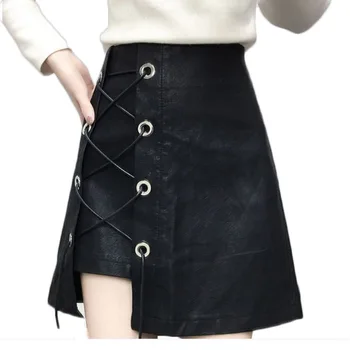 

Lace Up Black PU Leather Skirt Female Irregular Mini Skirt A Line Skirt High Waist Spring Fall saia de couro Plus Size 4XL f493