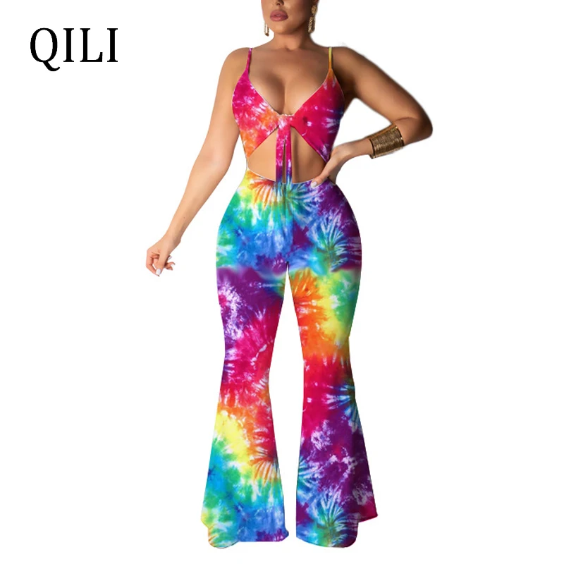 

QILI England Style Women Jumpsuits Rompers Fashion Tie Dyeing Print Bow Hollow Out Boot Cut Full Pants Jumpsuits Women Overalls