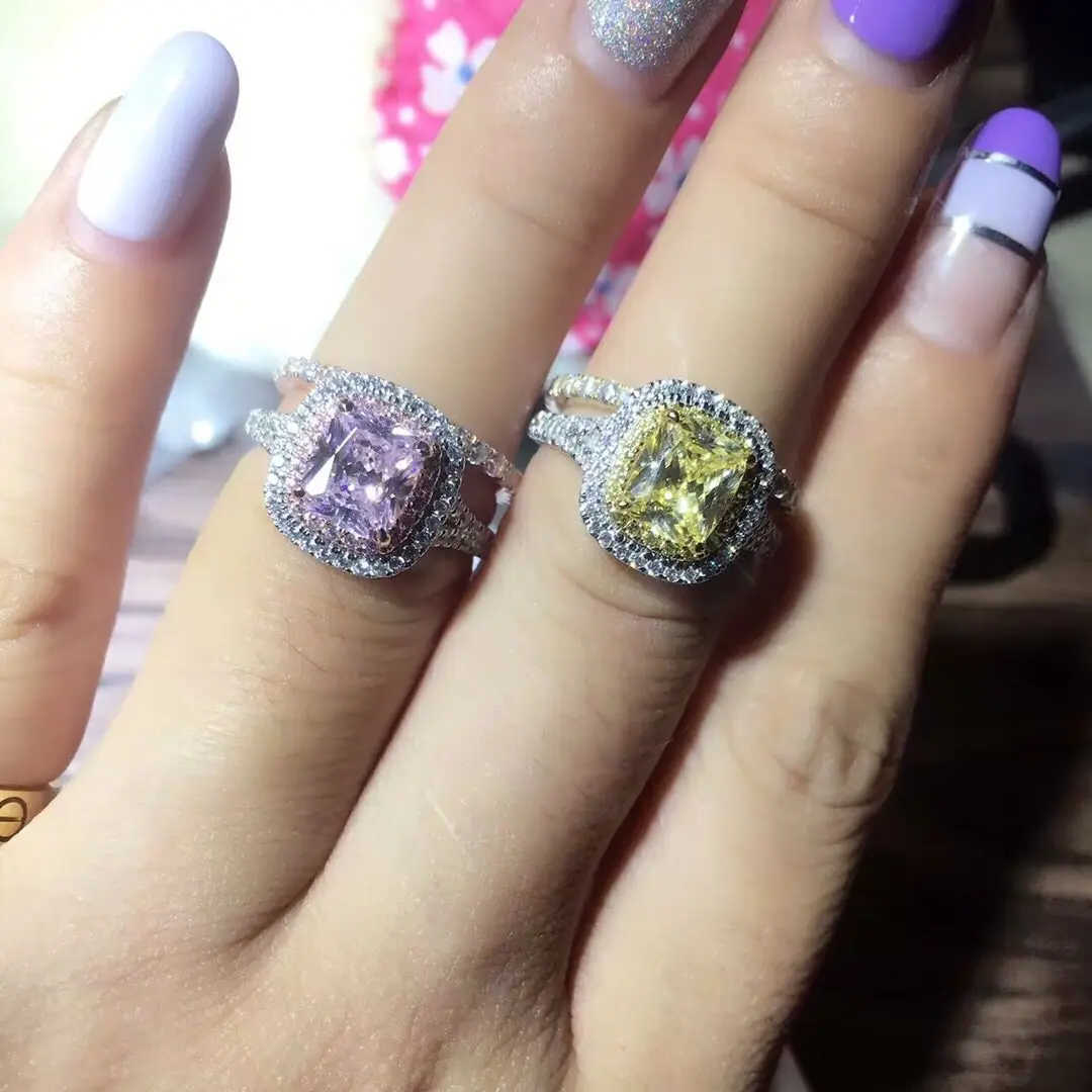 

TRS523 Cushion Cut Rings Set 925 Sterling Silver White Gold Color 2CT Synthetic Gem Rings with Wedding Bands