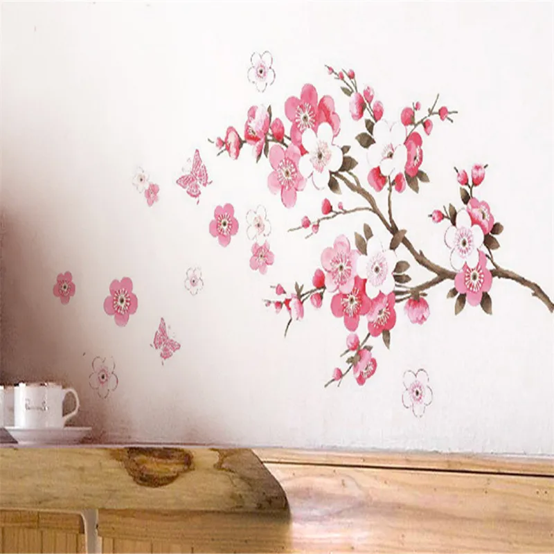 2018 Wall Stickers Pink Cherry Peach Blossom Plum Flower Butterfly