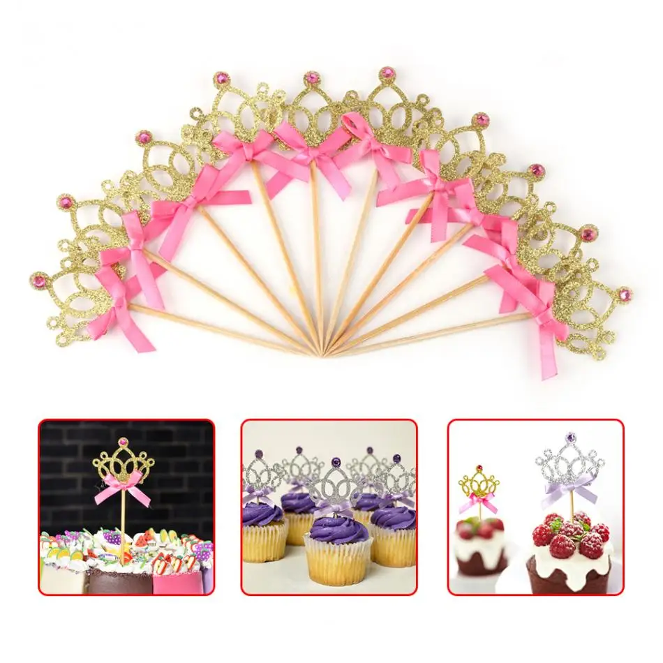 

10Pcs Crown Cake Cupcake Paper Topper Ribbon Bowknot Party Birthday Dessert Fruit Decoration Wedding Baking Cake Flags Stick