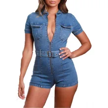 Women's Fashion New Deep V-Neck Denim Rompers Sexy Fashion Belt Zipper Bodycon Romper Female Casual Solid Shorts Jumpsuit S-2xl Women's Fashion New Deep V-Neck Denim Rompers Sexy Fashion Belt Zipper Bodycon Romper Female Casual Solid Shorts Jumpsuit S-2xl