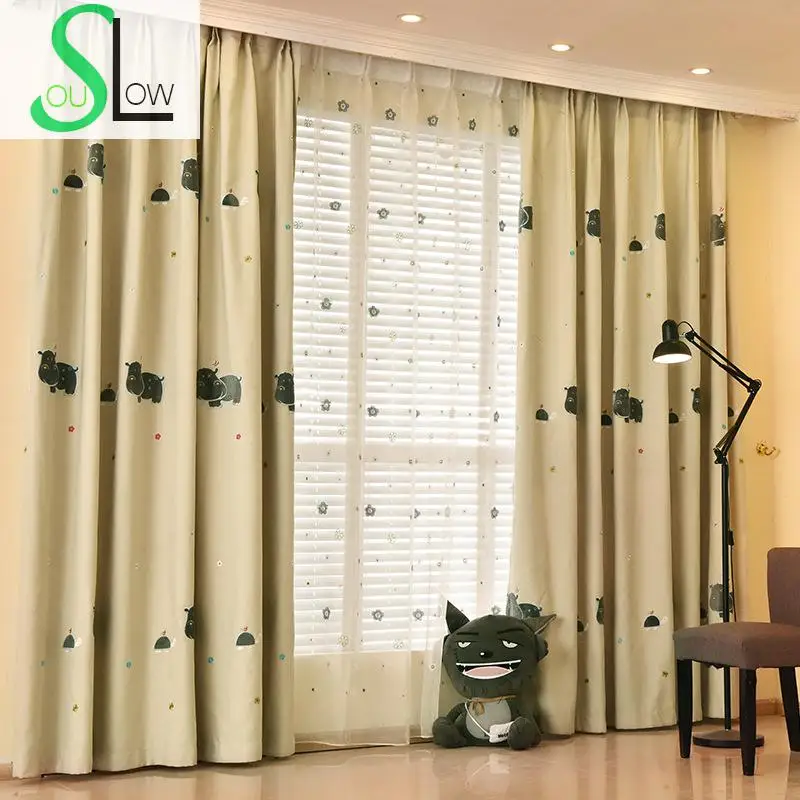 

High Quality Hippo Embroidered Blackout Curtains For Children Cartoon Polyester Tulle Sheer Curtains Cortinas De Quarto Cortinas