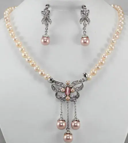 

FREE SHIPPINGBeautiful pink pearl earrings necklace set (A0423)