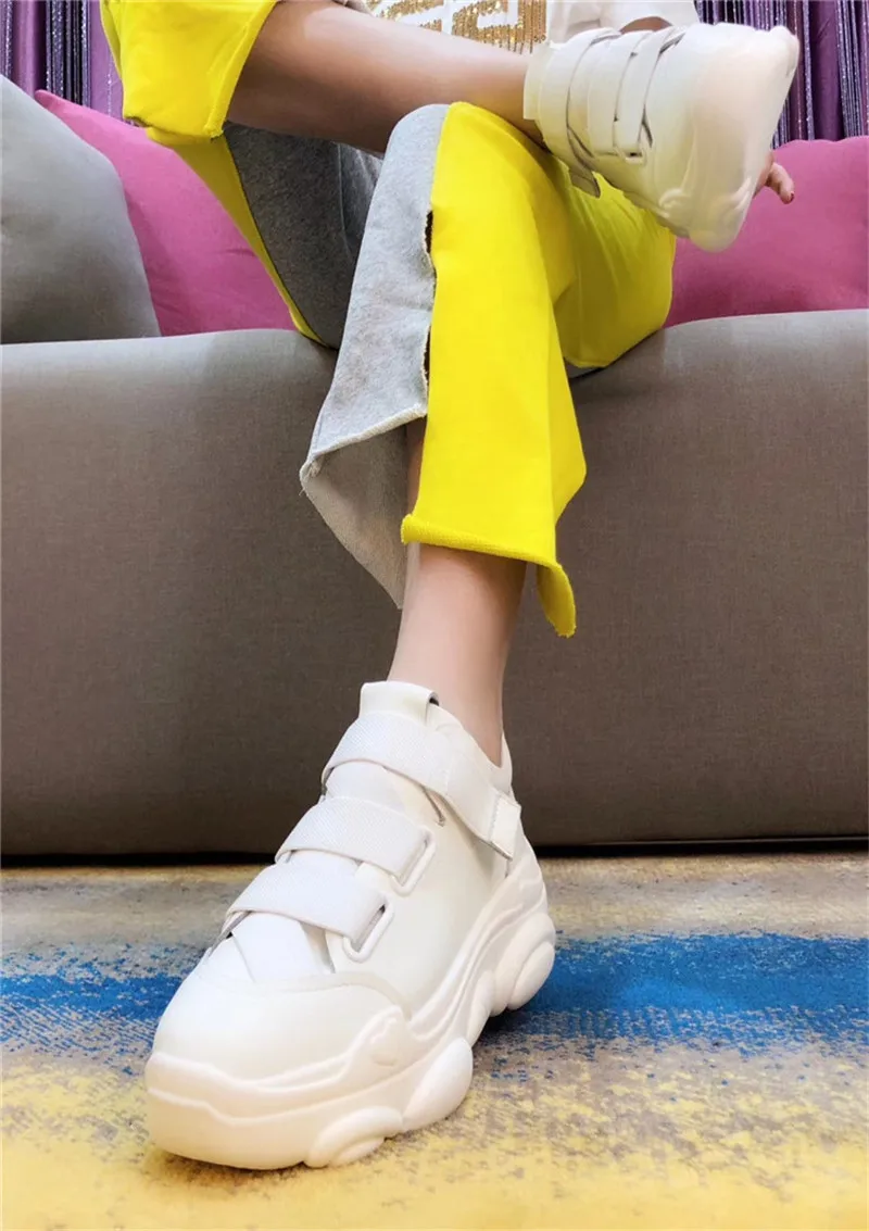 GCYFWJ/модные кроссовки; женская обувь из натуральной кожи на толстой подошве; эластичная женская обувь на платформе с петлей HookLoop; цвет желтый