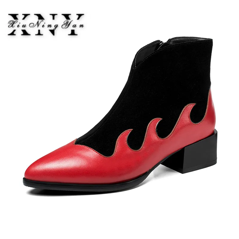 

XIUNINGYAN Square Heels Shoes Woman Pointed Toe Women Boots Plus Size 34-42 Ankle Boots for Women Zippers Motorcycle Boots Shoe