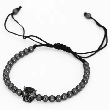 

Women Men Gold Color Full Crystal Leopard Head Charm Braided Mala Bracelet Macrame Knitted Weave Copper Bead Bracelet Jewelry