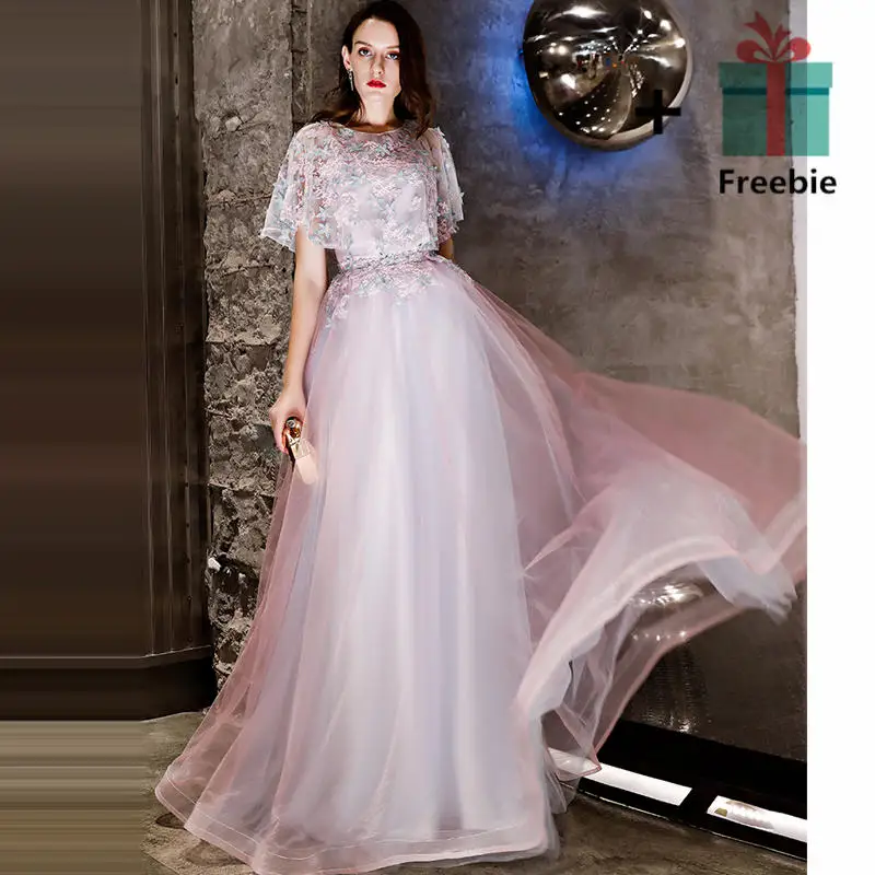 Это YiiYa вечернее платье 2018 аппликации вышивка кружева o-образным вырезом А-силуэт фиолетовый длинный вечерние платья LX1294 robe de soiree