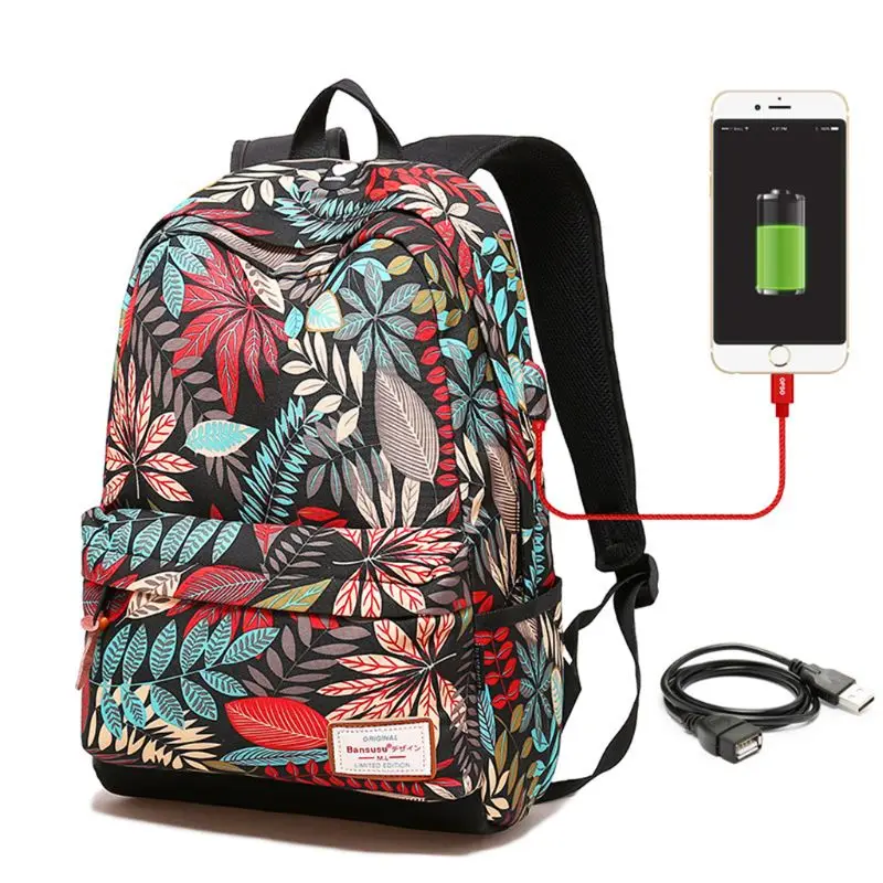 

Fashion Women USB Charging Laptop Backpack Teenage Girls School Backpack Bag Printing Female Backpacks for College Students