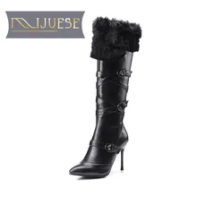 Mljuese женские сапоги до колена зимние короткие плюшевые черный цвет Обувь на высоком каблуке с пряжкой на молнии сапоги размер 34-43