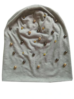 

B-17909 Fashion 100% cotton good stretchy gold and brown pearl and crystal beanies punk hat design custom