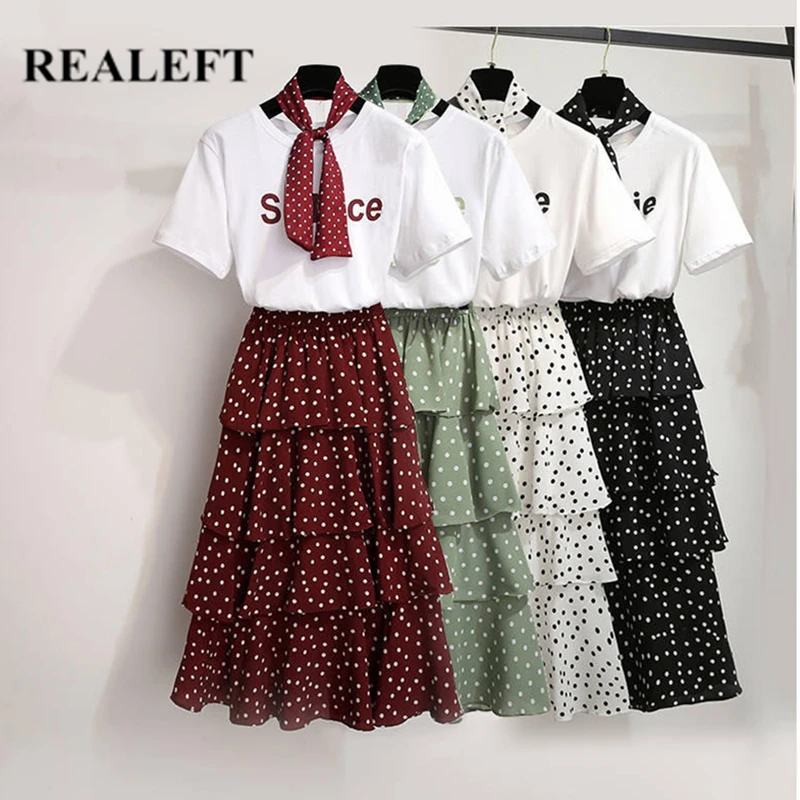 

REALEFT Summer Women Polka Dots Clothing Sets Letter Print Shirt and Dots High Waist Ball Gown Midi Skirts for Ladies