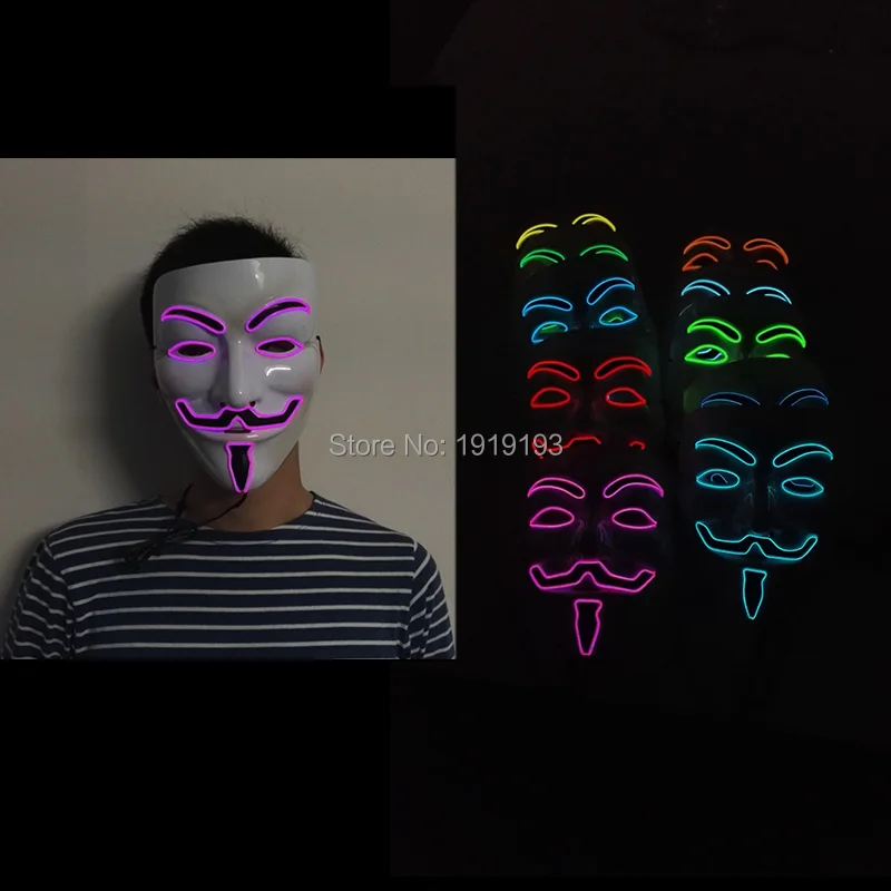 New Style 10 Color Optional EL wire Fashion V for VENDETTA Halloween Cosplay MASK Costume Glowing LED Neon holiday lighting Mask New Style 10 Color Optional EL wire Fashion V for VENDETTA Halloween Cosplay MASK Costume Glowing LED Neon holiday lighting Mask