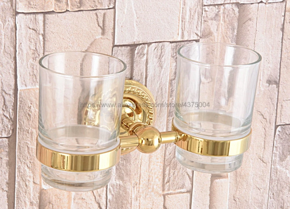 porta-copos duplo de latão dourado com duas copos de vidro