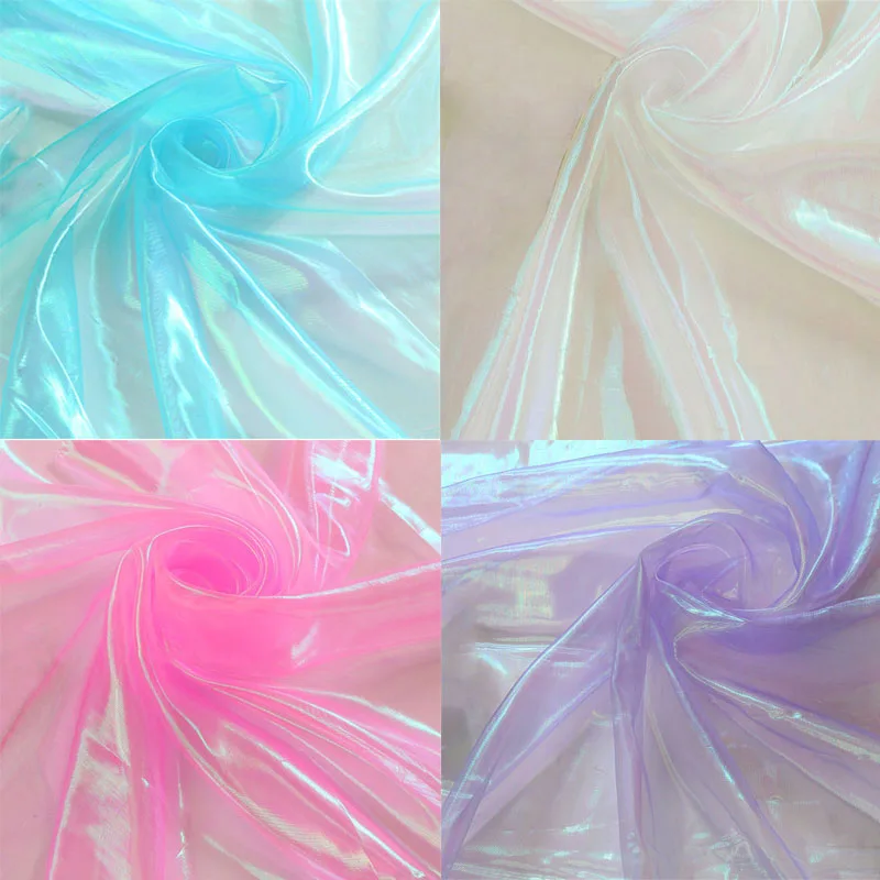 Designer Fluorescent Fabrics Colorful Shiny Gauze Dress Fabric Stage Wedding Decor Tissue Voile Transparent Holographic Fabric Designer Fluorescent Fabrics Colorful Shiny Gauze Dress Fabric Stage Wedding Decor Tissue Voile Transparent Holographic Fabric