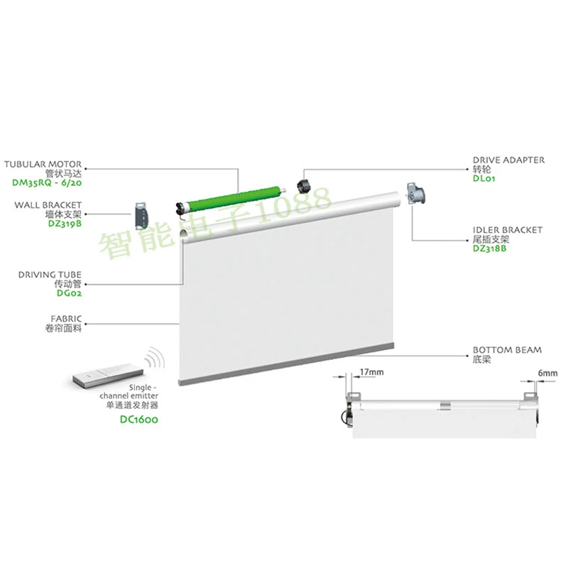 Ewelink 2m Width Elecric Customizable Roller Blinds System with Dooya Tubular Motor DM35S/35R without Fabric for Smart Home